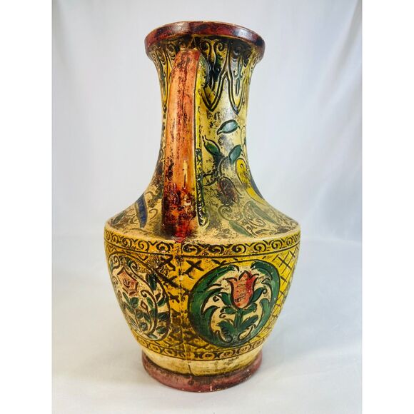 Vintage MAJOLICA POTTERY VASE Persian Style Double Handle Floral Birds Japan main image 1